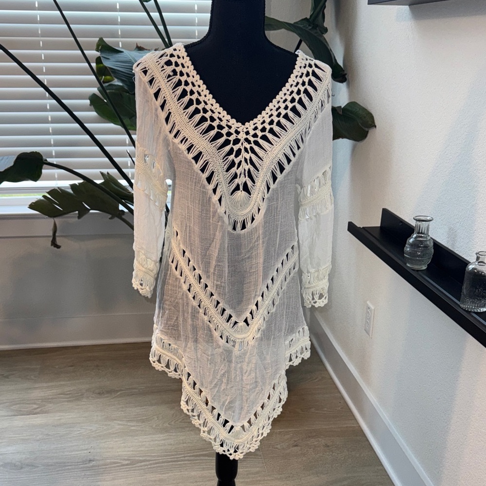 White Crochet V-Neck Tunic